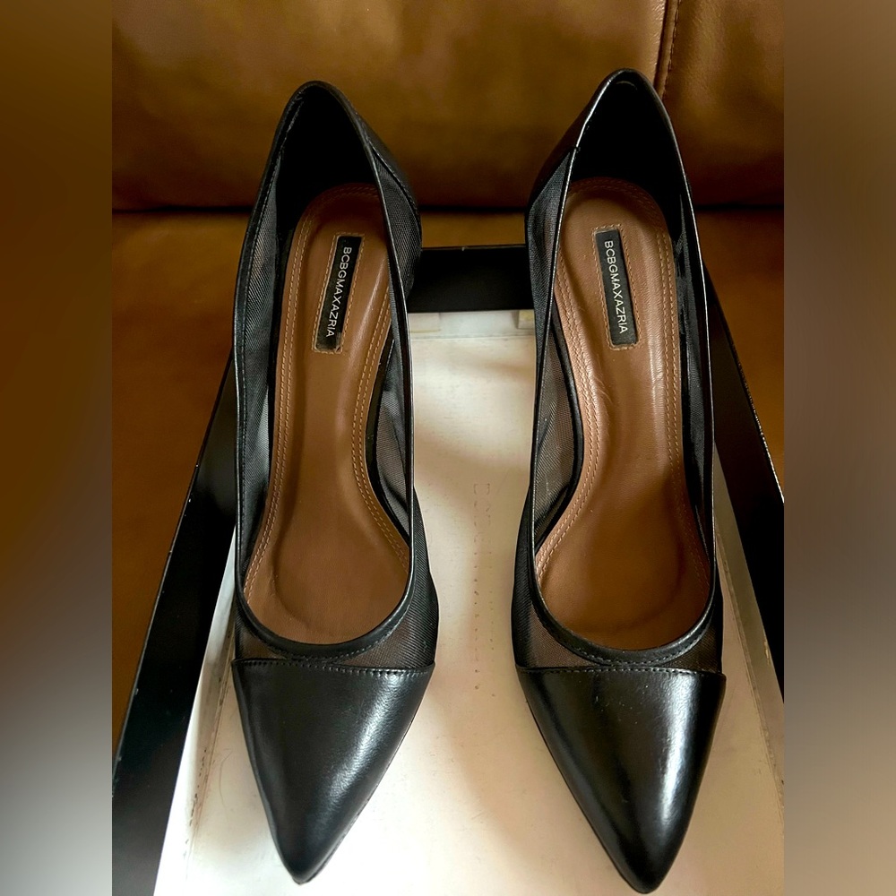 BCBG Max Azria Juliet Black Leather / Mesh 3.5 inch stiletto heels, size 10M